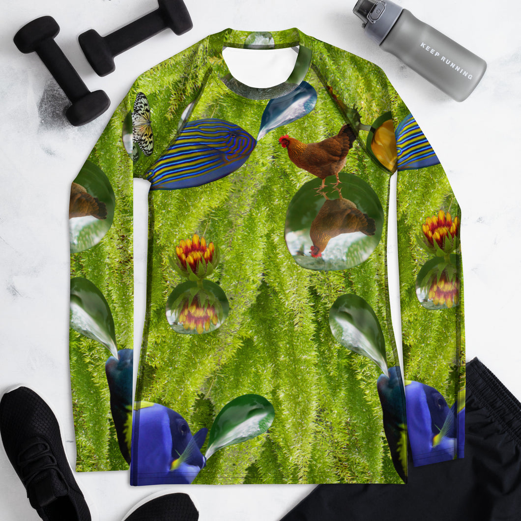 Mischievous Fish Swimming in Ferns (And Blowing Bubbles): Women's Rash Guard