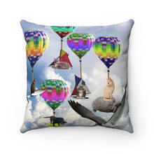 Load image into Gallery viewer, Faux Suede Square Pillow - Fantasy of Cats and Dogs in Hot Air Balloons