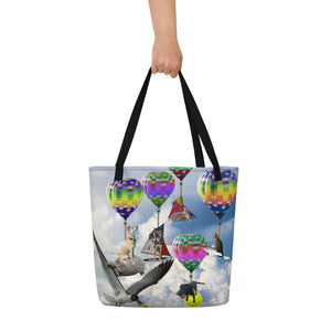 Tote Bag - Hilarious Surreal Scene with Dogs, Cats, a Shark and Hot Air Balloons!