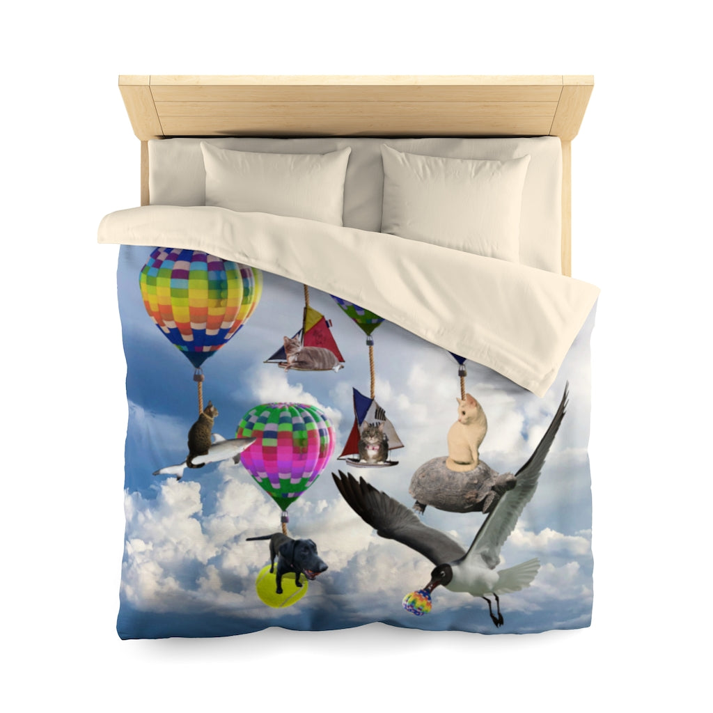 Microfiber Duvet Cover - Fantasy scene with cats, dogs, a shark and hot air balloons!