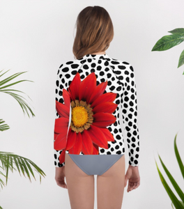 Youth Rash Guard - Fun UPF Red Flower Shirt with Black and White Polka Dots