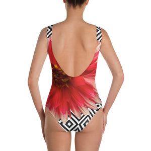 One-Piece Swimsuit - Pink Dahlia with Beautiful Black and White Pattern Background