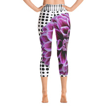 Load image into Gallery viewer, Yoga Capri Leggings - Purple Dahlia Bold Flower with Polka Dots
