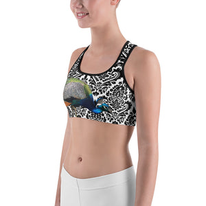 Sports Bra- Peacock on Black and White Pattern