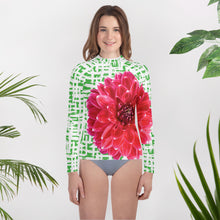 Load image into Gallery viewer, Youth Rash Guard- Pink Dahlia with Green Pattern Background