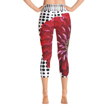 Load image into Gallery viewer, Yoga Capri Leggings - Beautiful Bold Red Flower with Black and White Polka Dots - Unique Floral Yoga Pants