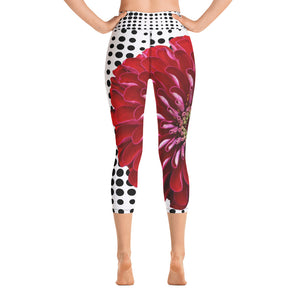 Yoga Capri Leggings - Beautiful Bold Red Flower with Black and White Polka Dots - Unique Floral Yoga Pants