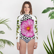Load image into Gallery viewer, Youth Rash Guard - Pink Flower and Crazy Tree of Birds, Animals and Insects