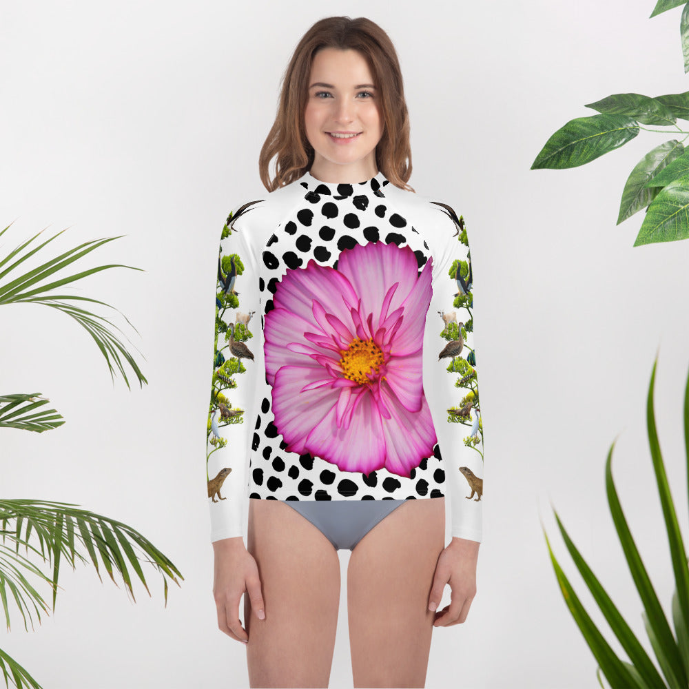 Youth Rash Guard - Pink Flower and Crazy Tree of Birds, Animals and Insects