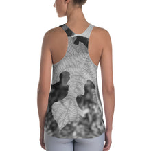 Load image into Gallery viewer, Women&#39;s Racerback Tank - Pond Scene on the Front and Black and White Leaf on the Back