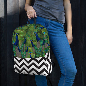 All-Over Print Backpack- Peacock Parade with Black and White Chevron Print