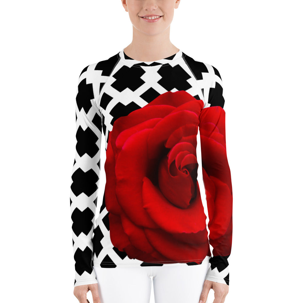 Women's Rash Guard- Red Rose with Black and White Pattern Background