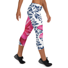 Load image into Gallery viewer, Capri Leggings - 300 Club - Pink Water Lily with Navy Blue Background