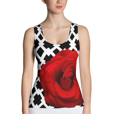 Red Rose Tank Top - Red Rose - Red Rose with Black and White Pattern Background