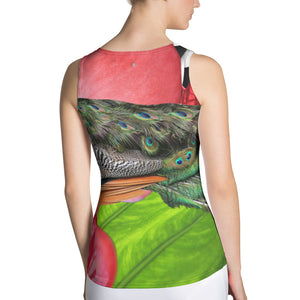 Colorful Peacock Tank Top with Pink Flowers and Tropical Green Leaves - Athletic Top - Tennis Top - Tennis Shirt