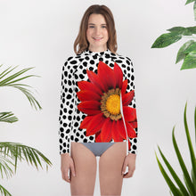 Load image into Gallery viewer, Youth Rash Guard - Fun UPF Red Flower Shirt with Black and White Polka Dots