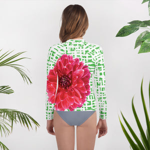Youth Rash Guard- Pink Dahlia with Green Pattern Background