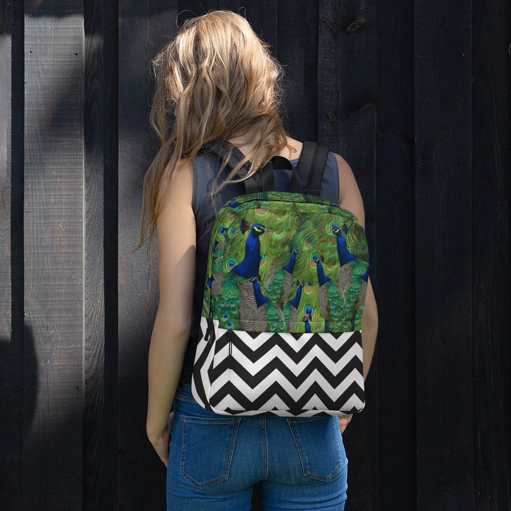 All-Over Print Backpack- Peacock Parade with Black and White Chevron Print