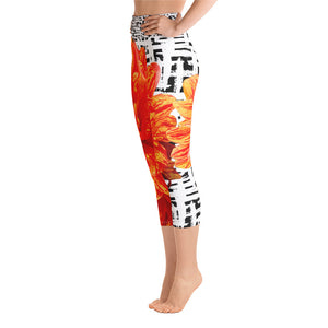 Yoga Capri Leggings - Bold Orange Flower Pattern