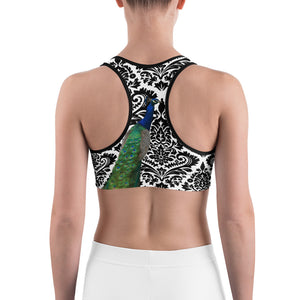Sports Bra- Peacock on Black and White Pattern