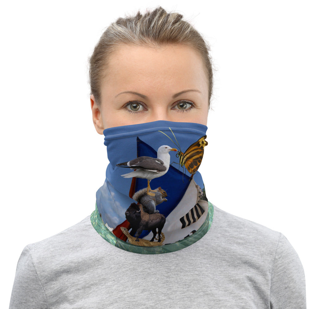Neck Gaiter - A great day for sailing! Goat, Chicken, Squirrel, Sailboat, lizard, butterfly, seagull, bison, buffalo