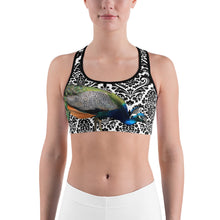 Load image into Gallery viewer, Sports Bra- Peacock on Black and White Pattern