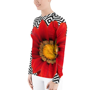 Women's Rash Guard - Red Flower Shirt - Swim Shirt - Tennis Shirt - Running Shirt - UPF Shirt