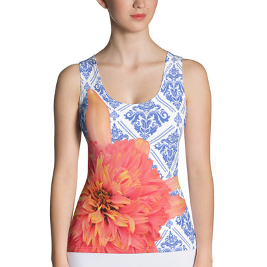 Floral Tank Top - Bold Orange and Delicate Blue - Orange and Blue Tank Top