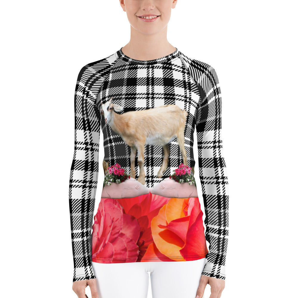Women's Rash Guard - Goat, Pigs, Plaid and Flowers - UPF Shirt - Sun Shirt