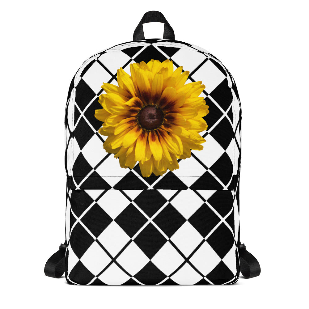 Backpack - Bold Black and White Plaid Print with Beautiful Sunflower