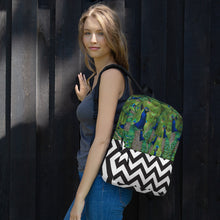 Load image into Gallery viewer, All-Over Print Backpack- Peacock Parade with Black and White Chevron Print