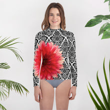 Load image into Gallery viewer, Youth Rash Guard - Pink Dahlia Flower with Black and White Pattern Background