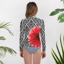 Load image into Gallery viewer, Youth Rash Guard - Pink Dahlia Flower with Black and White Pattern Background