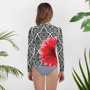 Youth Rash Guard - Pink Dahlia Flower with Black and White Pattern Background