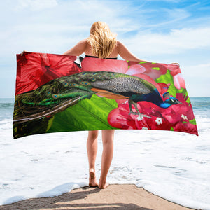 Colorful Peacock and Flower Beach Towel