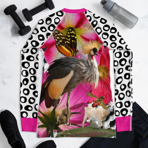 Women's Rash Guard- Crazy Animal Collage - Crested Crown, Spider, Trout, Fish, Squirrel, Butterfly, Goat, Fish Scales, Pink Flowers