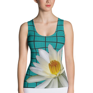 Tennis Court Pattern Shirt with White Water Lily - Turquoise