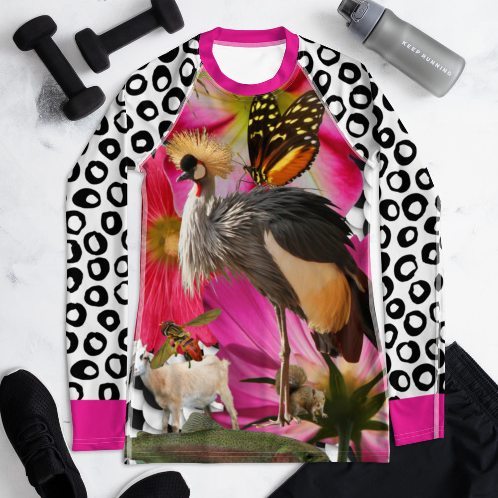 Women's Rash Guard- Crazy Animal Collage - Crested Crown, Spider, Trout, Fish, Squirrel, Butterfly, Goat, Fish Scales, Pink Flowers
