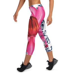 Capri Leggings - 300 Club - Pink Water Lily with Navy Blue Background