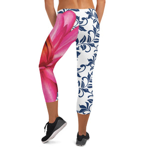 Capri Leggings - 300 Club - Pink Water Lily with Navy Blue Background