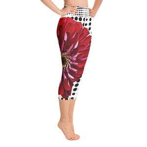 Yoga Capri Leggings - Beautiful Bold Red Flower with Black and White Polka Dots - Unique Floral Yoga Pants