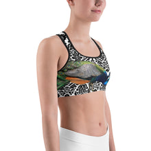 Load image into Gallery viewer, Sports Bra- Peacock on Black and White Pattern