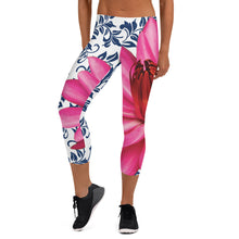 Load image into Gallery viewer, Capri Leggings - 300 Club - Pink Water Lily with Navy Blue Background