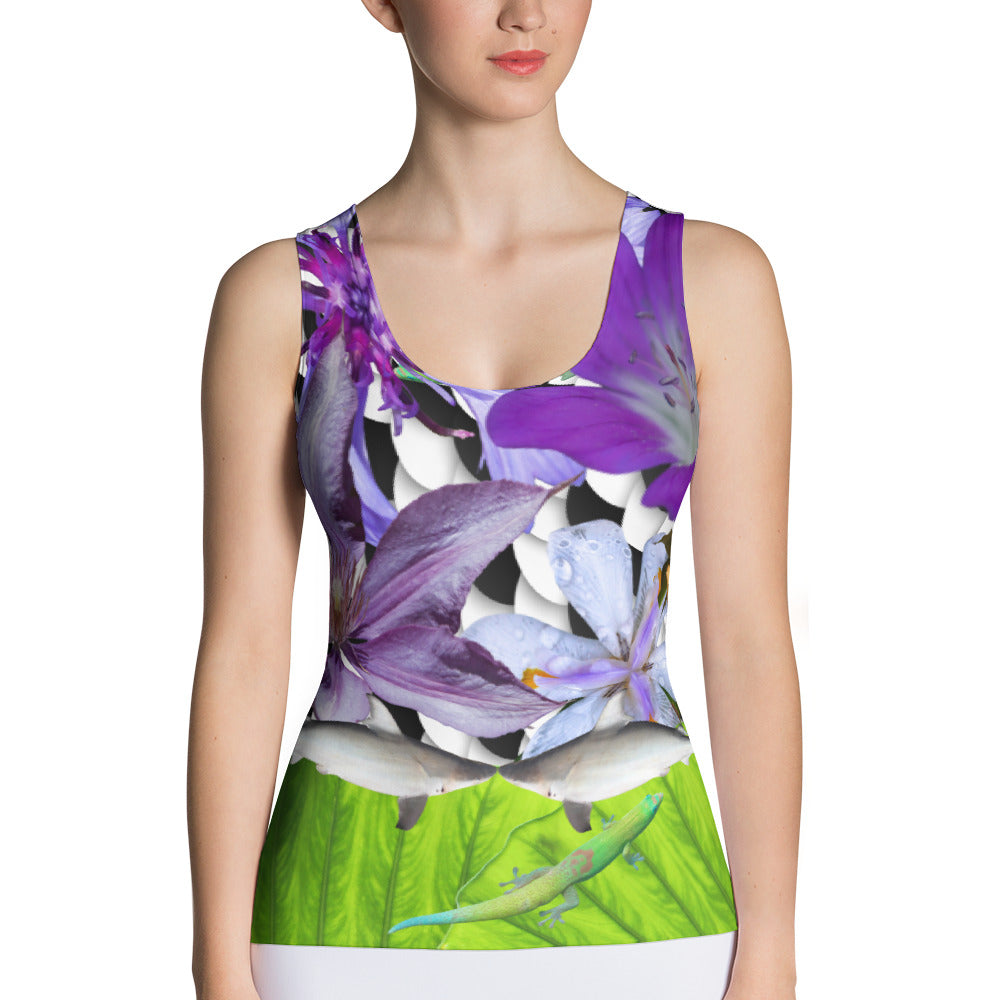 Sublimation Cut & Sew Tank Top- Sharks, flowers, and a lizard