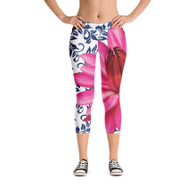 Load image into Gallery viewer, Capri Leggings - 300 Club - Pink Water Lily with Navy Blue Background