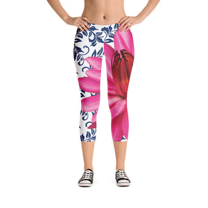 Capri Leggings - 300 Club - Pink Water Lily with Navy Blue Background