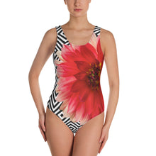 Load image into Gallery viewer, One-Piece Swimsuit - Pink Dahlia with Beautiful Black and White Pattern Background
