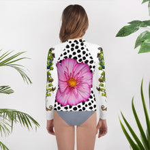 Load image into Gallery viewer, Youth Rash Guard - Pink Flower and Crazy Tree of Birds, Animals and Insects