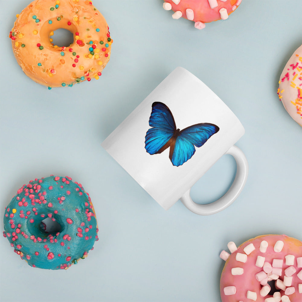 White glossy mug - Blue Butterfly - Colorful - Happy Coffee Mug